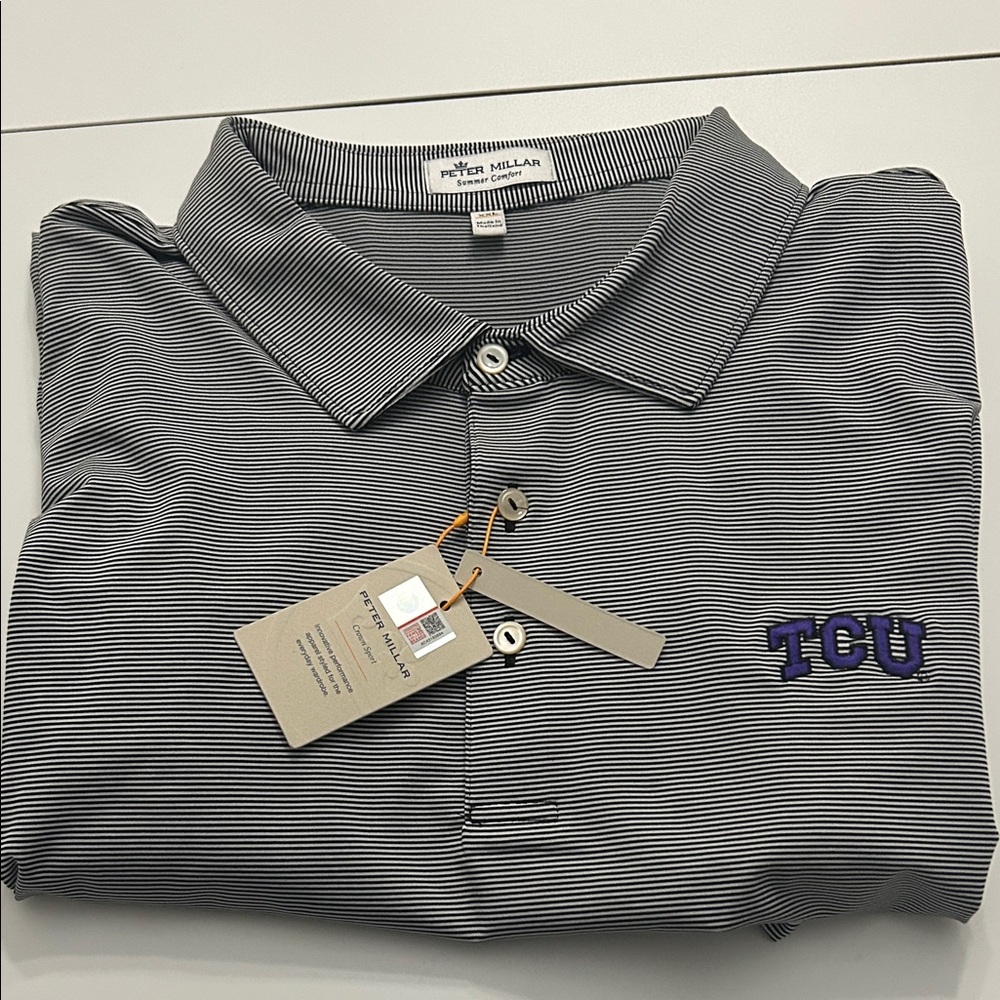 NWT! Peter Millar TCU Men's Black & White Striped Polo Shirt